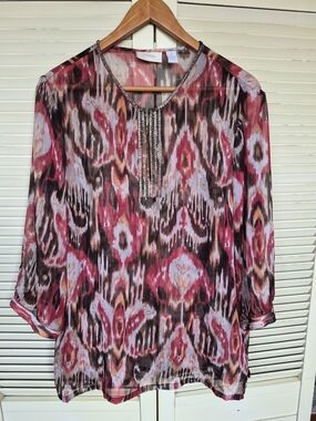 Chico's Boho Abstract Ikat Print Tunic Top Beaded 3/4 Sleeve Size 2 Large